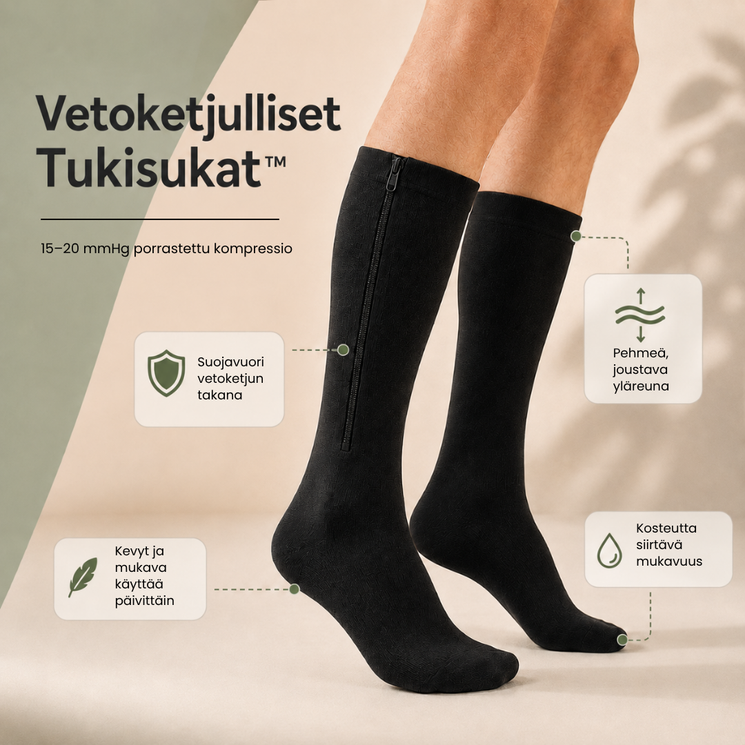 Vetoketjulliset Tukisukat™ | Helpompi tapa tukea väsyneitä jalkoja
