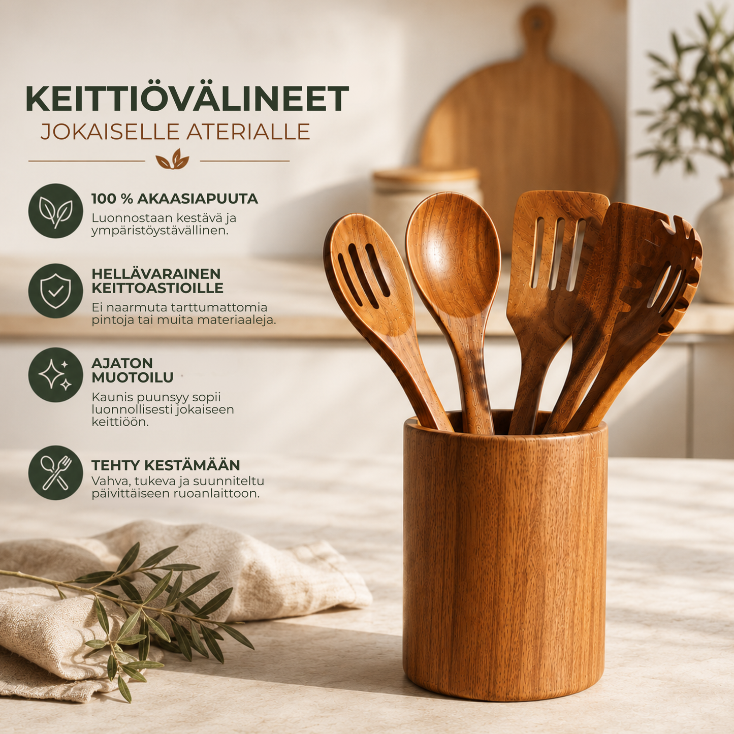 PureWood™ | Akaasiapuinen keittiövälinesetti, 5 osaa