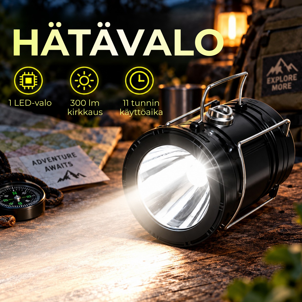 PullLight™ | Kompakti valo retkille ja sähkökatkoihin