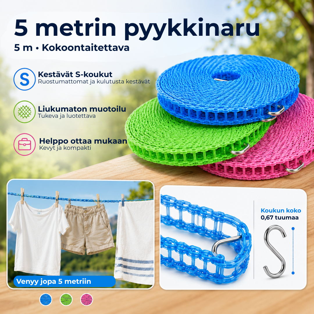 PyykkiPito™ | Tuulenpitävä ja liukumaton pyykkinaru