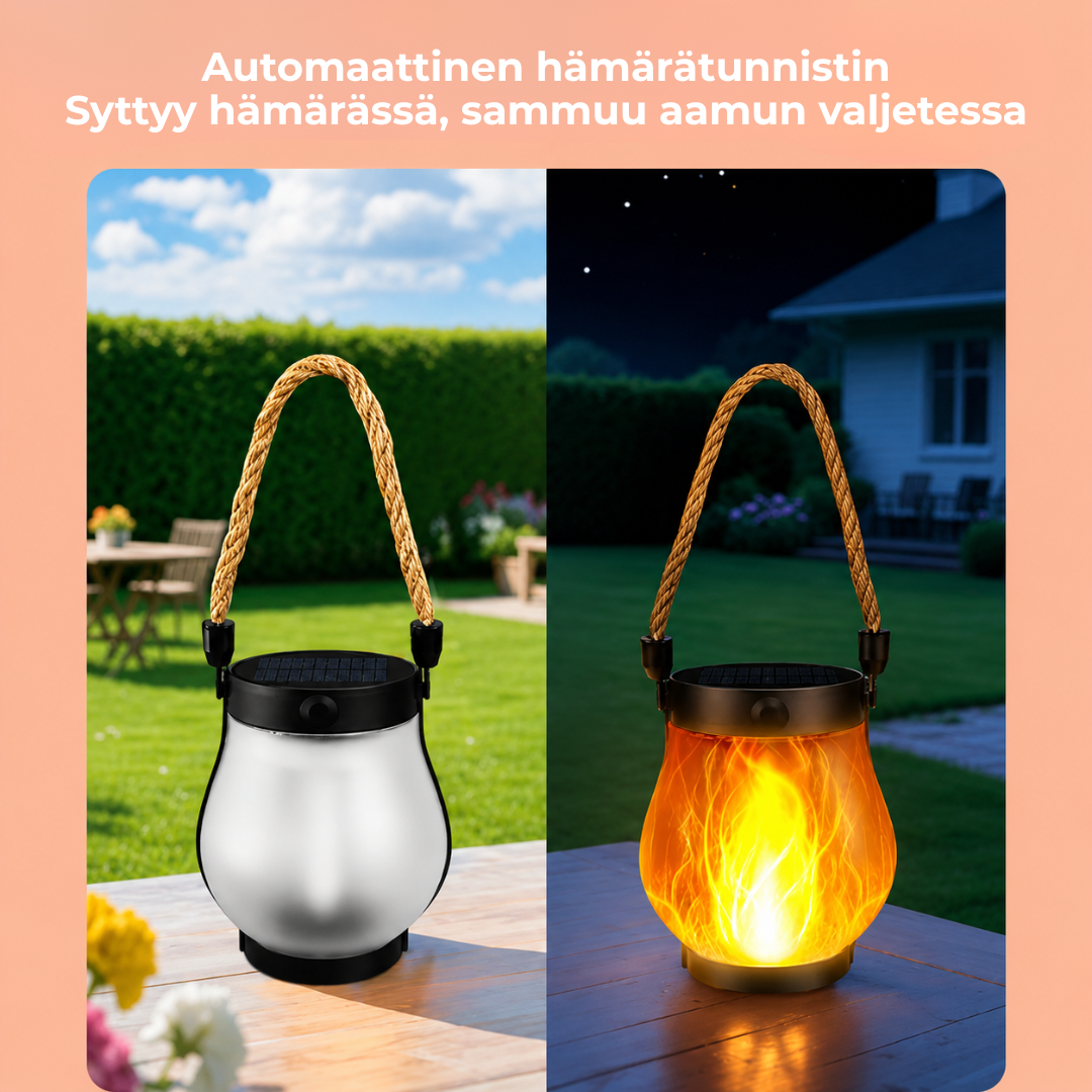 EmberGlow™ | Aurinkokäyttöinen lyhty aidolla liekkiefektillä