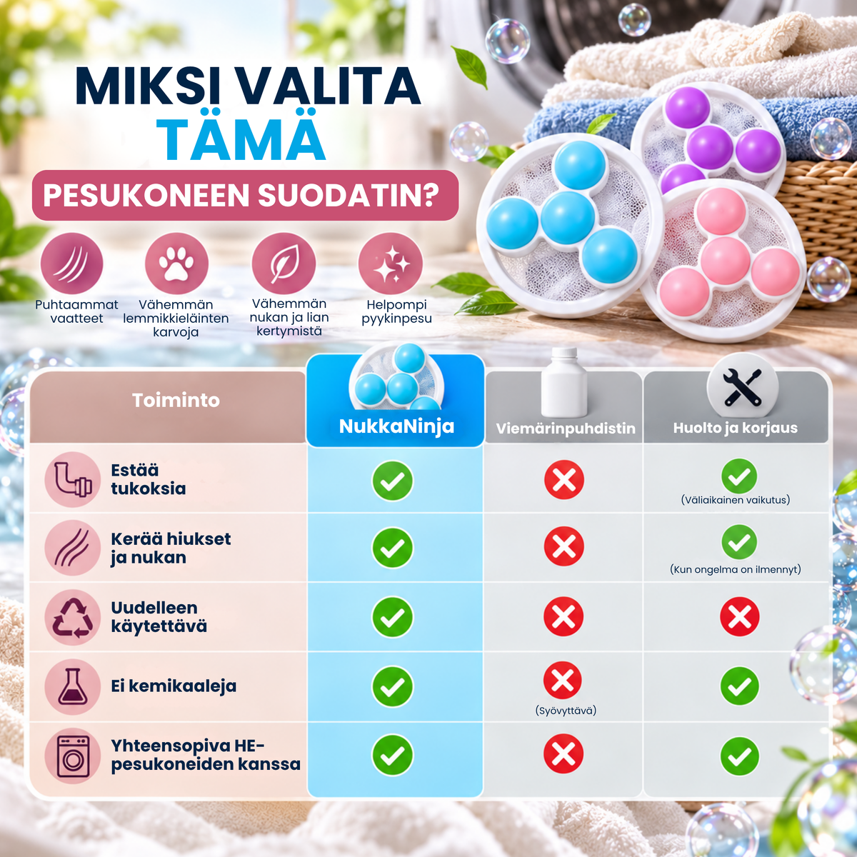 NukkaNinja | Kerää nukan ja lemmikkien karvat helposti pesun aikana